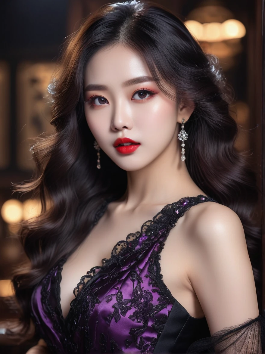 (Imagine:1.3), (full-body shot:1.5), ((masterpiece、best quality、very good、high resolution、Reality、Clear focus、light))、((1 female、Half-length photo))、美丽的女吸血鬼肖像mouth张开, Showing long fangs.、Crystal Amethyst Eyes、Delicate eyes、Red lips、Pale face、Long wavy hair、The hair is so black、elegant dress、Detailed hand drawing、View audience、mouth、Snake Eyes, Ultra wide angle, Ultra HD, Anatomically correct, precise, masterpiece, The award-winning, 8K