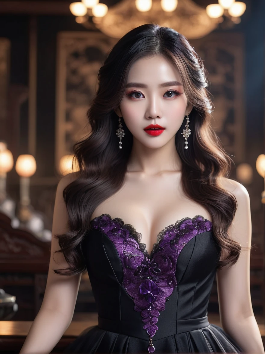 (Imagine:1.3), (full-body shot:1.5), ((masterpiece、best quality、very good、high resolution、Reality、Clear focus、light))、((1 female、Half-length photo))、美丽的女吸血鬼肖像mouth张开, Showing long fangs.、Crystal Amethyst Eyes、Delicate eyes、Red lips、Pale face、Long wavy hair、The hair is so black、elegant dress、Detailed hand drawing、View audience、mouth、Snake Eyes, Ultra wide angle, Ultra HD, Anatomically correct, precise, masterpiece, The award-winning, 8K