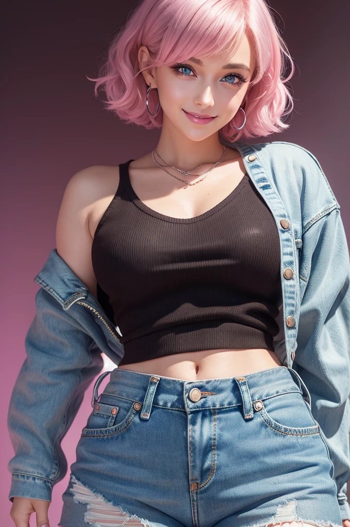 Kizi, short hair above the shoulder in neon pink color, Caucasian skin, thin with beautiful curves, 4 ear piercings, wavy hair, clear blue eyes, cute smile, dimple in the cheeks, a silver horseshoe piercing on the hip, brown sweater, black ripped denim shorts, darkness background.