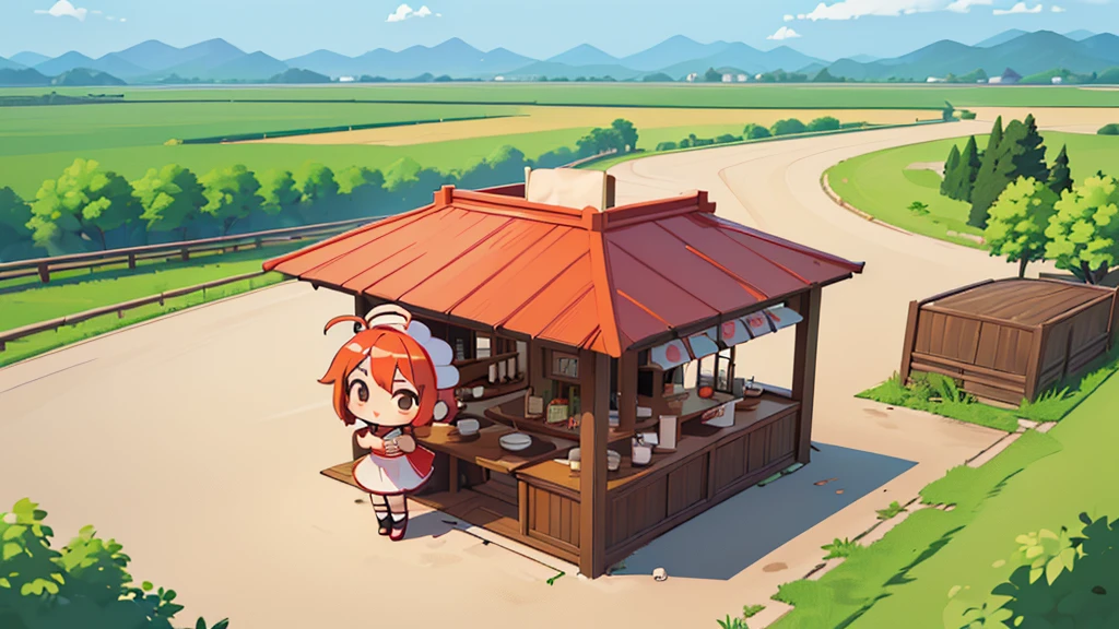 (((masutepiece))), Best Quality, Extremely detailed, (Chef Costume:1.2), (Chef's Hat), (((girl)), (((Solo))), Happy, ((Full body)), Ahoge, (((Deformed))), (((standing))), (((Chibi Character))), ((crossed arms))), ((( Restaurant))), (((standing in front of the restaurant))), ((Front of restaurant)), panoramic country background, ((( country background))), (((overview))), (((Perspective)))