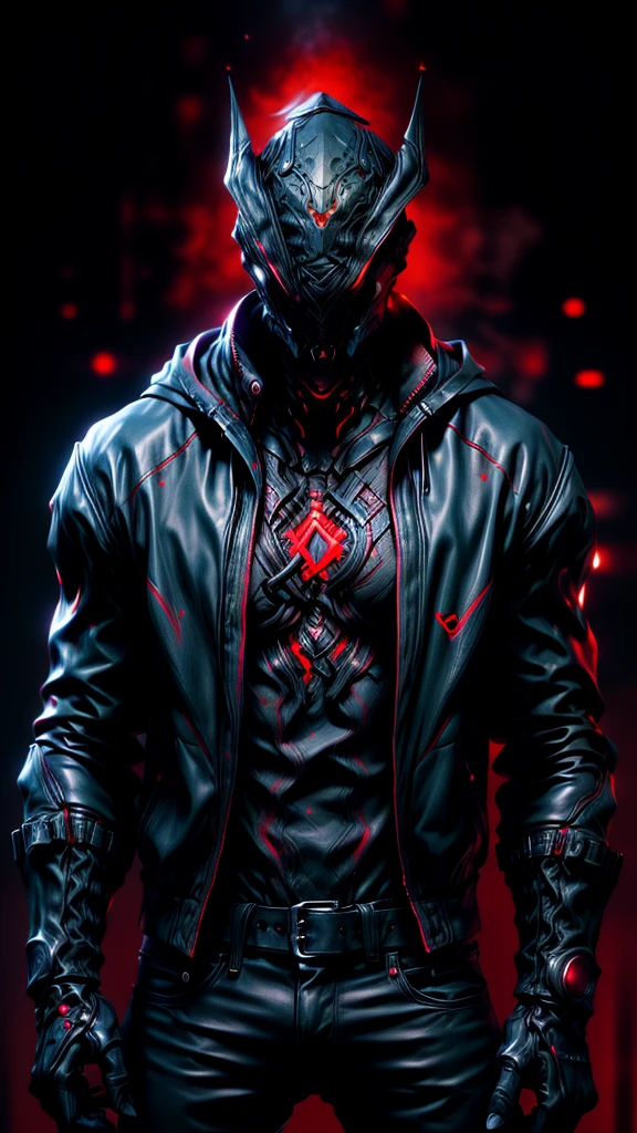 a man in a red jacket and black pants standing in a dark room, wearing cultist red robe, crimson attire, character from mortal kombat, as a character in tekken, fighting game character, cyberpunk assassin, red hooded mage, cyberpunk outfits, crimson clothes, the red ninja, wearing leather assassin armor, an edgy teen assassin, cool red jacket, cyberpunk street goon, detailed face, intricate facial features, highly detailed eyes, sharp facial features, dramatic lighting, chiaroscuro, moody atmosphere, cinematic lighting, dramatic shadows, gritty cyberpunk style, hyper-realistic, 8k, photorealistic, masterpiece