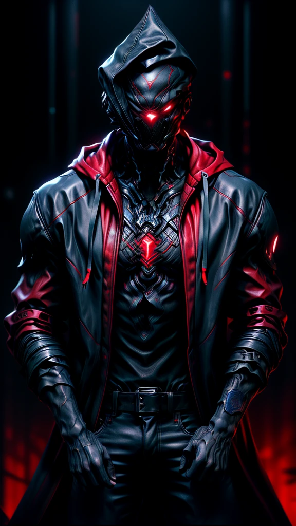 a man in a red jacket and black pants standing in a dark room, wearing cultist red robe, crimson attire, character from mortal kombat, as a character in tekken, fighting game character, cyberpunk assassin, red hooded mage, cyberpunk outfits, crimson clothes, the red ninja, wearing leather assassin armor, an edgy teen assassin, cool red jacket, cyberpunk street goon, detailed face, intricate facial features, highly detailed eyes, sharp facial features, dramatic lighting, chiaroscuro, moody atmosphere, cinematic lighting, dramatic shadows, gritty cyberpunk style, hyper-realistic, 8k, photorealistic, masterpiece