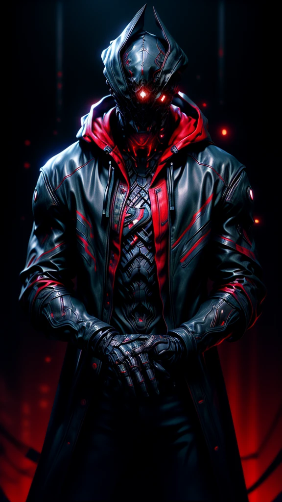 a man in a red jacket and black pants standing in a dark room, wearing cultist red robe, crimson attire, character from mortal kombat, as a character in tekken, fighting game character, cyberpunk assassin, red hooded mage, cyberpunk outfits, crimson clothes, the red ninja, wearing leather assassin armor, an edgy teen assassin, cool red jacket, cyberpunk street goon, detailed face, intricate facial features, highly detailed eyes, sharp facial features, dramatic lighting, chiaroscuro, moody atmosphere, cinematic lighting, dramatic shadows, gritty cyberpunk style, hyper-realistic, 8k, photorealistic, masterpiece