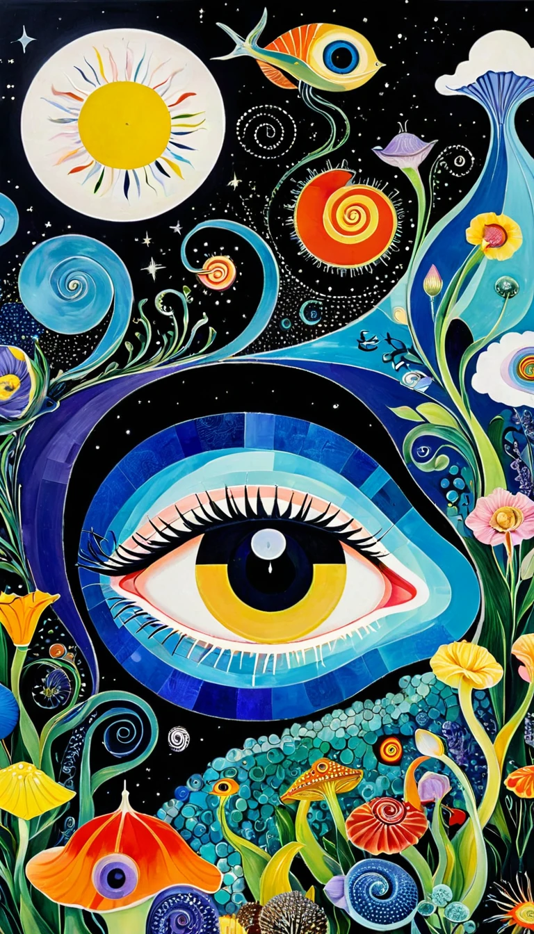 Picasso。1snails小屋,Artists from the stars,Colorful black,A world of color,Dopamine,mouth,A cloud、snails、iris、fish、Tentacles、bird、Eye、diatom,Abstract mosaic painting,Describing the inner world of autistic people,Sense of space,White Space,interesting,Innocence,Psychedelic Art,Black overall