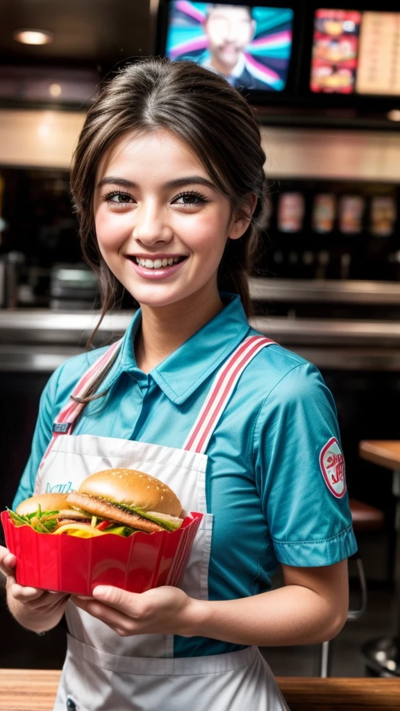 beautiful female fast food worker, smiling while serving ordered food, receiving attention from customers, detailed facial features, cinematic lighting, photorealistic, 8k, hyper detailed, symmetrical composition, warm color tones, natural skin tones, soft focus background, dynamic pose, high fashion apparel, impeccable uniform, confident expression, charming smile, gorgeous eyes, detailed hands, intricate apron design, pristine restaurant setting, gleaming metallic surfaces, realistic reflections, mouthwatering food presentation, immersive atmosphere