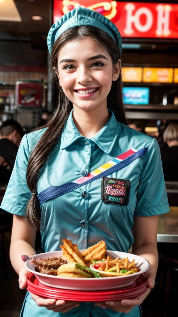 beautiful female fast food worker, smiling while serving ordered food, receiving attention from customers, detailed facial features, cinematic lighting, photorealistic, 8k, hyper detailed, symmetrical composition, warm color tones, natural skin tones, soft focus background, dynamic pose, high fashion apparel, impeccable uniform, confident expression, charming smile, gorgeous eyes, detailed hands, intricate apron design, pristine restaurant setting, gleaming metallic surfaces, realistic reflections, mouthwatering food presentation, immersive atmosphere