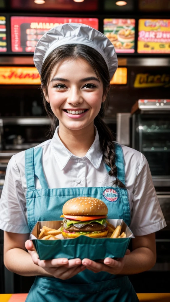 beautiful girl in cute fast food uniform, holding tray of delicious food, smiling at customer, detailed facial features, long eyelashes, soft lighting, warm colors, photorealistic, 8k, highly detailed, masterpiece
