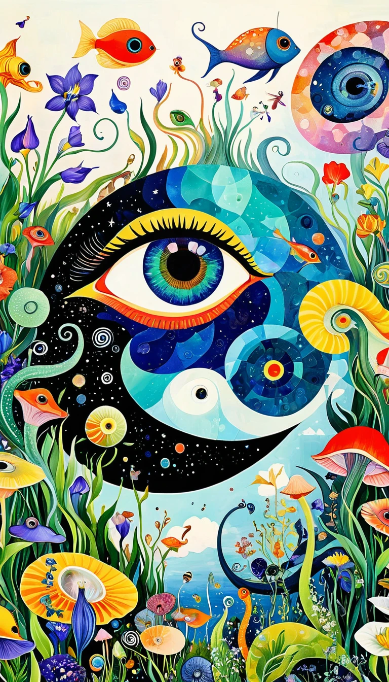 Picasso。1snails小屋，Artists from the stars，Colorful black，A world of color，Dopamine，mouth，A cloud、snails、iris、fish、Tentacles、bird、Eye、diatom，Abstract mosaic painting，Describing the inner world of autistic people，Sense of space，White Space，interesting，Innocence，Psychedelic Art，Black overall