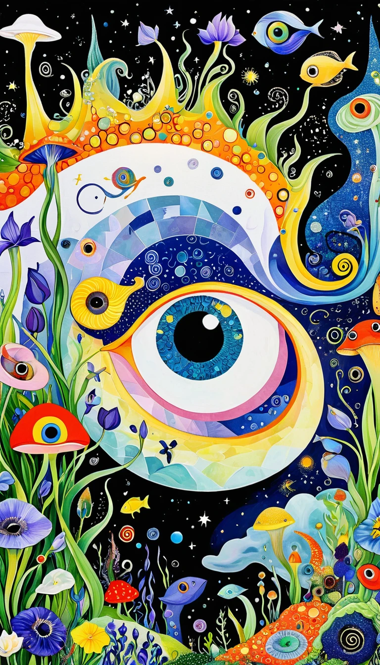Picasso。1snails小屋,Artists from the stars,Colorful black,A world of color,Dopamine,mouth,A cloud、snails、iris、fish、Tentacles、bird、Eye、diatom,Abstract mosaic painting,Describing the inner world of autistic people,Sense of space,White Space,interesting,Innocence,Psychedelic Art,Black overall