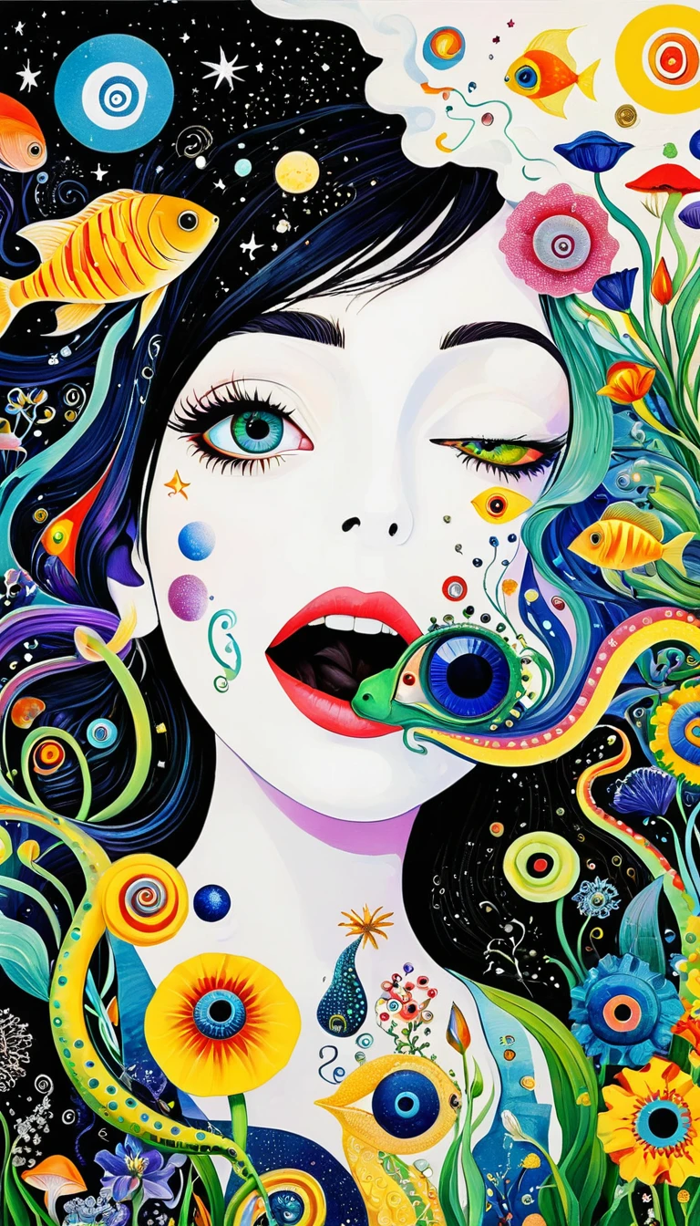 Picasso。1snails小屋,Artists from the stars,Colorful black,A world of color,Dopamine,mouth,A cloud、snails、iris、fish、Tentacles、bird、Eye、diatom,Abstract mosaic painting,Describing the inner world of autistic people,Sense of space,White Space,interesting,Innocence,Psychedelic Art,Black overall
