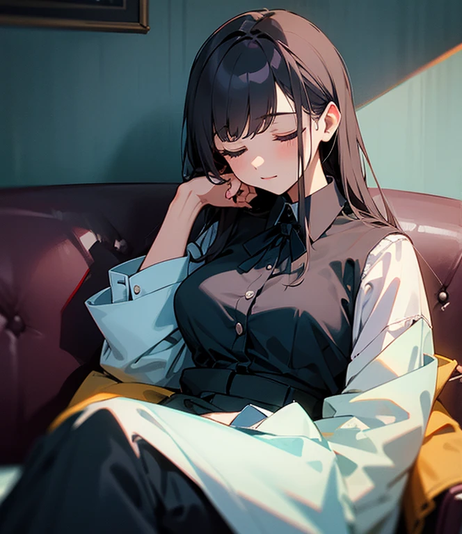 "Young woman in work attire sleeping on the sofa."