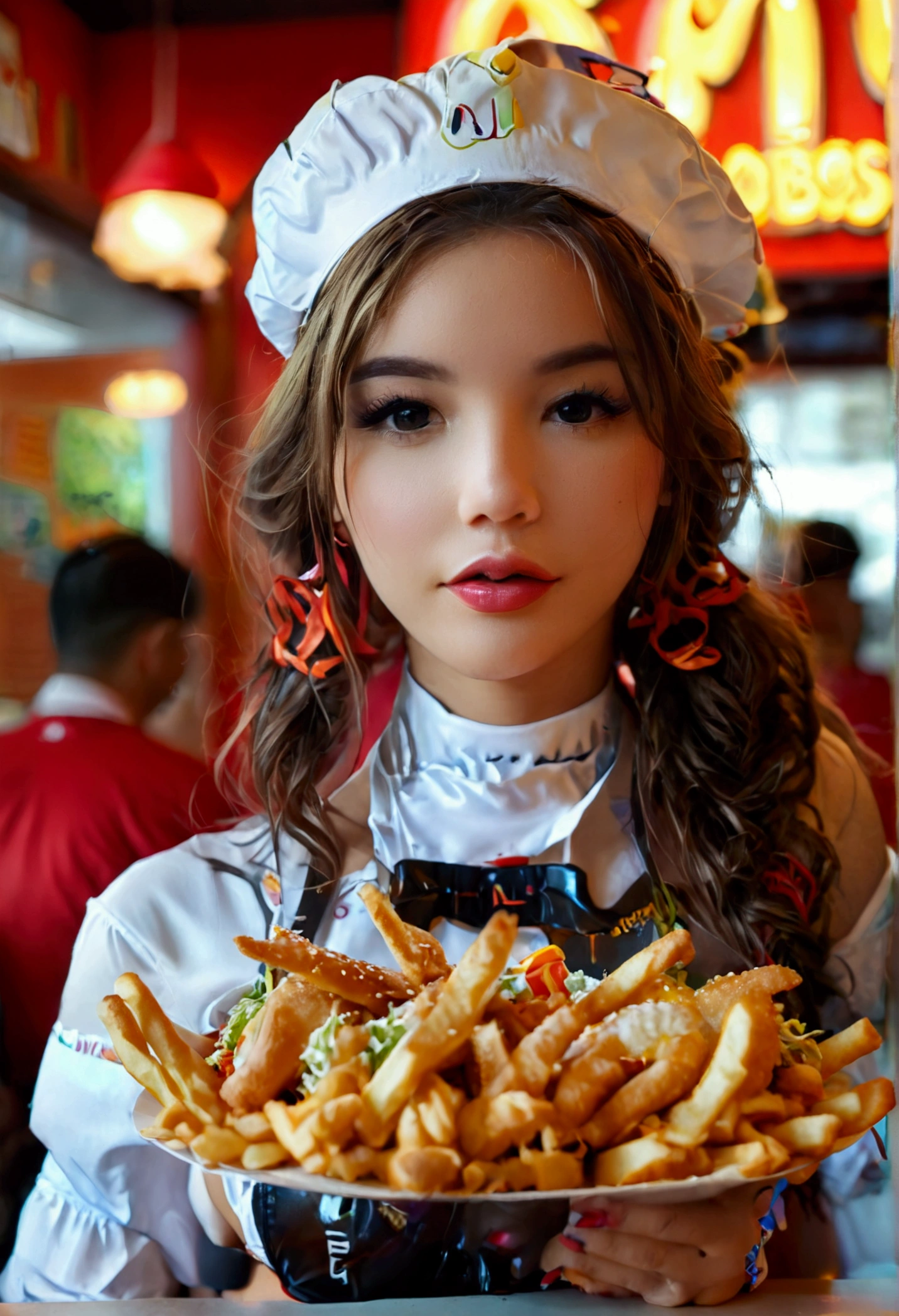 Cute woman, fast food worker, restaurant named 'Bimbos', all the food is boob themed. Staff in bikinis and high heels