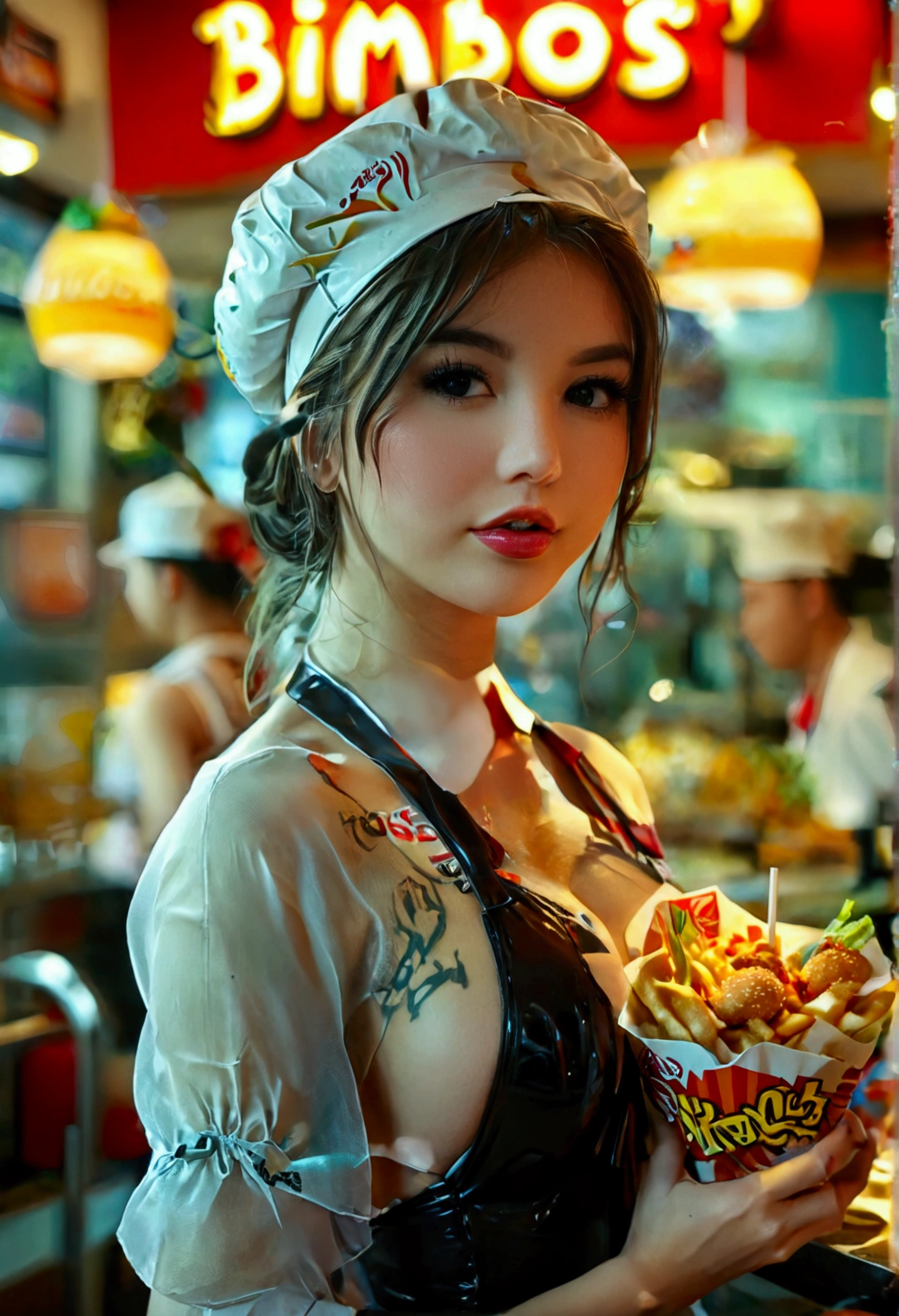 Cute woman, fast food worker, restaurant named 'Bimbos', all the food is boob themed. Staff in bikinis and high heels