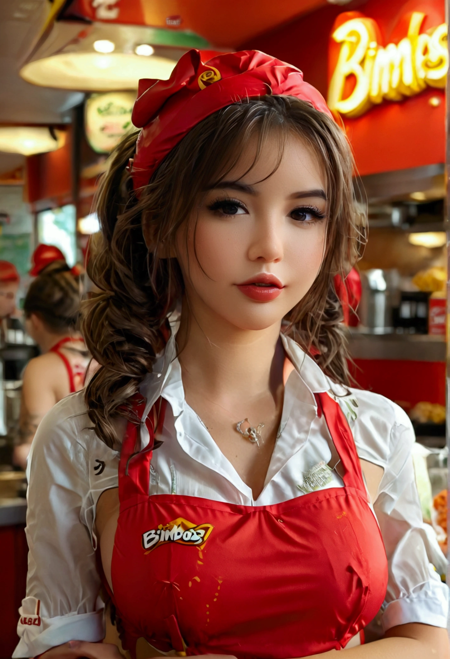 Cute woman, fast food worker, restaurant named 'Bimbos', all the food is boob themed. Staff in bikinis and high heels