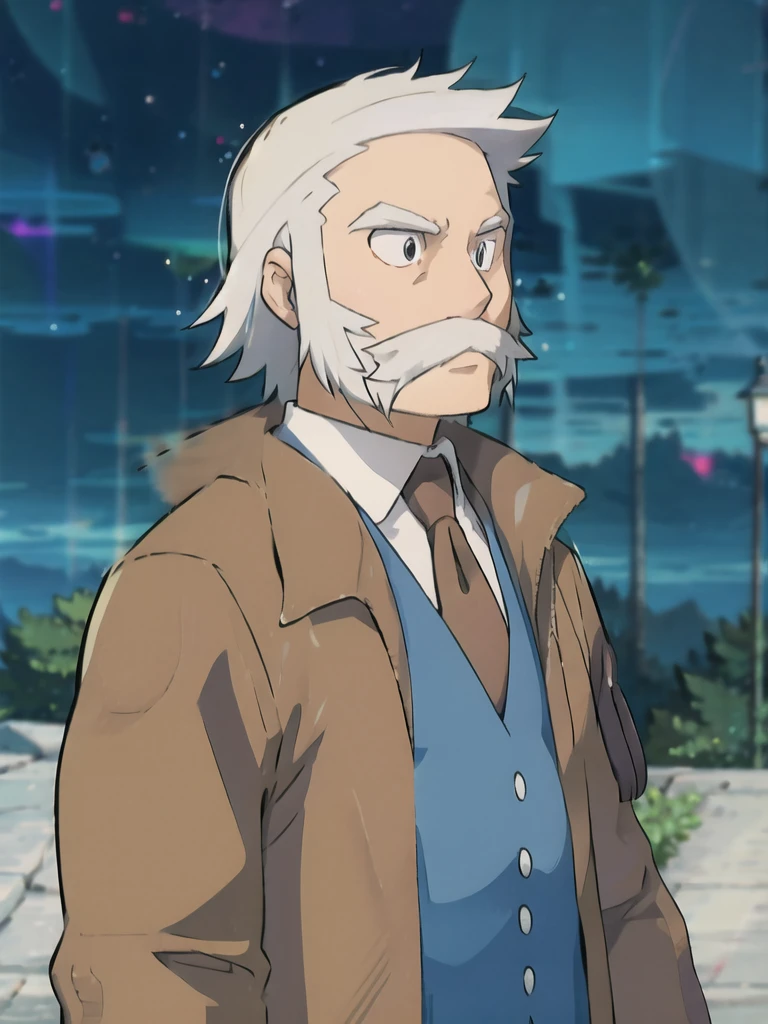 ProfessorRowan, solo, looking at viewer, shirt, 1boy, closed mouth, white shirt, upper body, white hair, male focus, outdoors,brown coat, necktie, collared shirt, blurry, night, blurry background, parody, formal, style parody