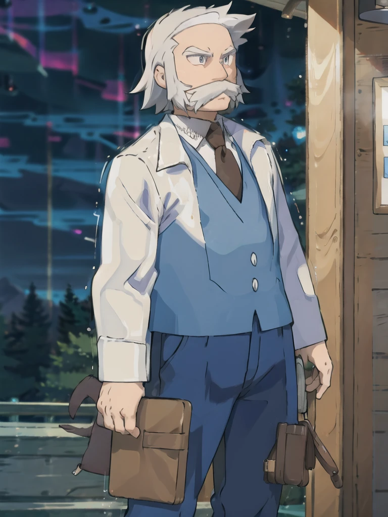 ProfessorRowan, solo, looking at viewer, shirt, 1boy, closed mouth, white shirt, upper body, white hair, male focus, outdoors,brown coat, necktie, collared shirt, blurry, night, blurry background, parody, formal, style parody
