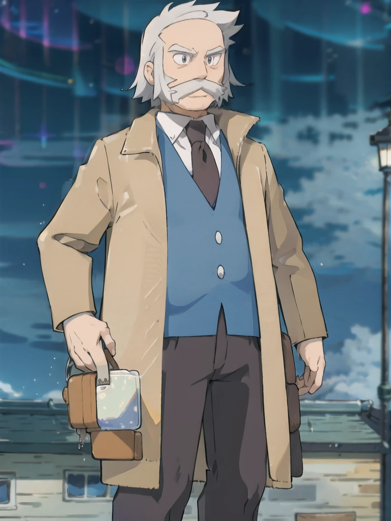 ProfessorRowan, solo, looking at viewer, shirt, 1boy, closed mouth, white shirt, upper body, white hair, male focus, outdoors,brown coat, necktie, collared shirt, blurry, night, blurry background, parody, formal, style parody