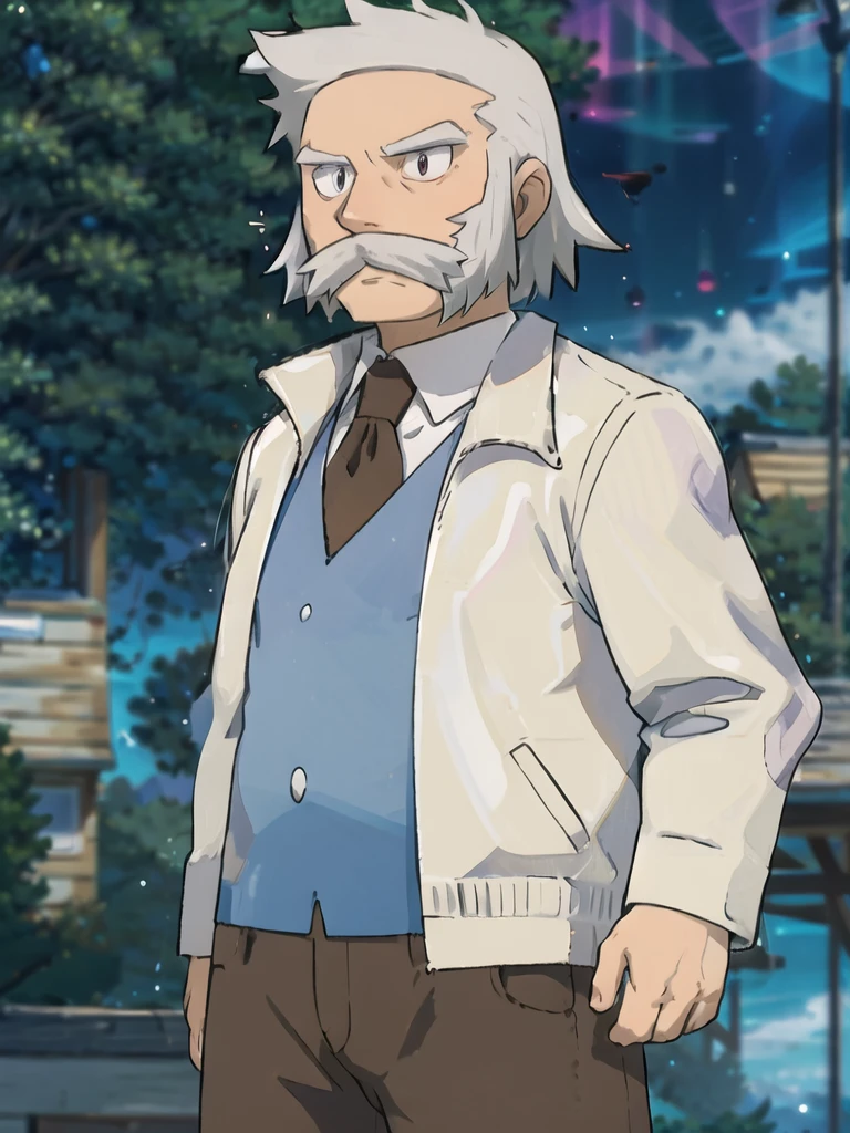 ProfessorRowan, solo, looking at viewer, shirt, 1boy, closed mouth, white shirt, upper body, white hair, male focus, outdoors,brown coat, necktie, collared shirt, blurry, night, blurry background, parody, formal, style parody