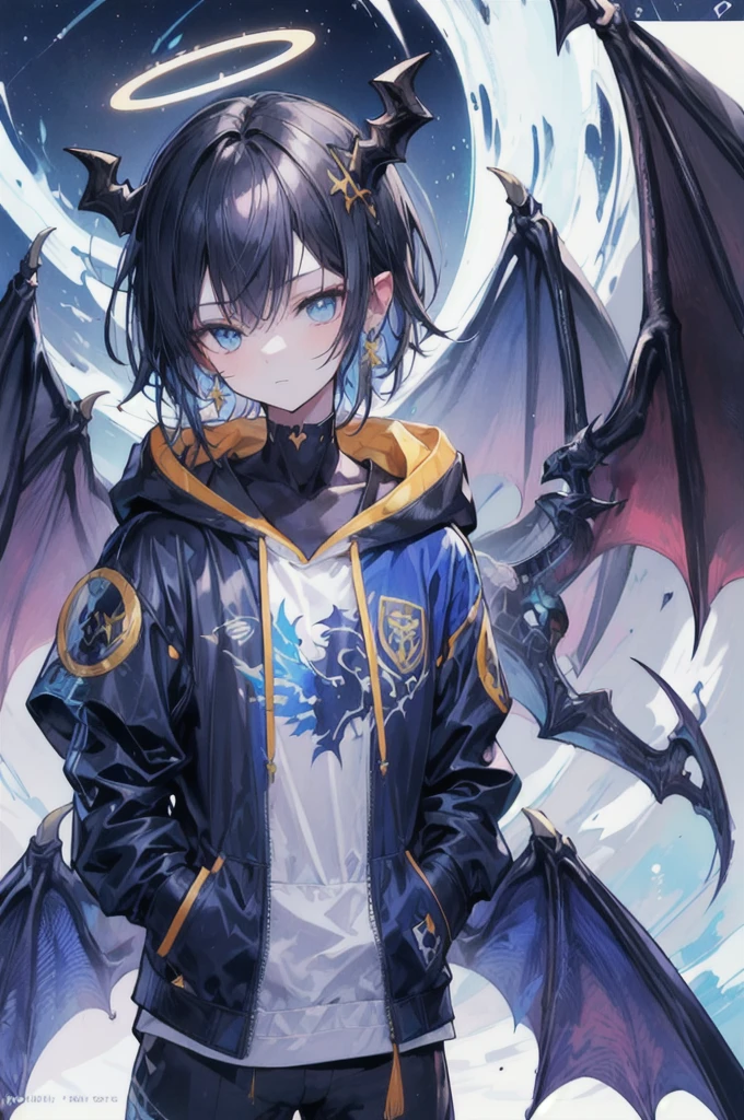 masterpiece, highest quality, highest resolution, clear_image, photo realistic, detailed details, (11 teen boy, scruffy black hair, bangs, Blue eyes, moon, dark night, long earrings, black hoodie, sky blue demon horns, blue great sword at the back, sky blue futuristic halo, futuristic dragon wings) beautiful, upper body, no water marks, laboratory, no extra limps, no extra body