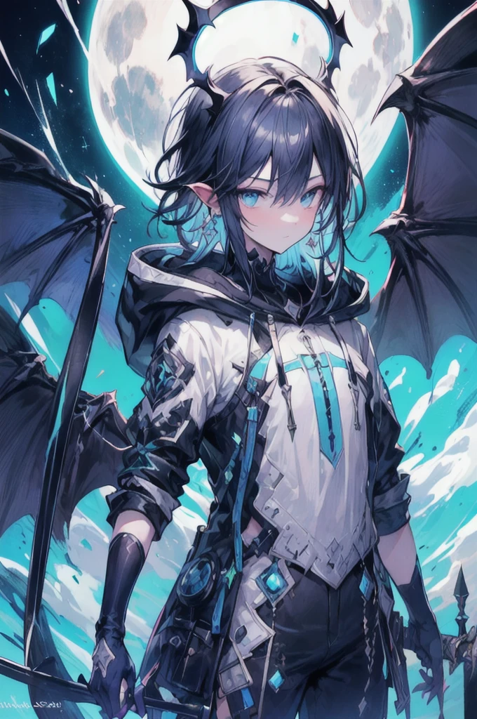 masterpiece, highest quality, highest resolution, clear_image, photo realistic, detailed details, (11 teen boy, scruffy black hair, bangs, Blue eyes, moon, dark night, long earrings, black hoodie, sky blue demon horns, blue great sword at the back, sky blue futuristic halo, futuristic dragon wings) beautiful, upper body, no water marks, laboratory, no extra limps, no extra body