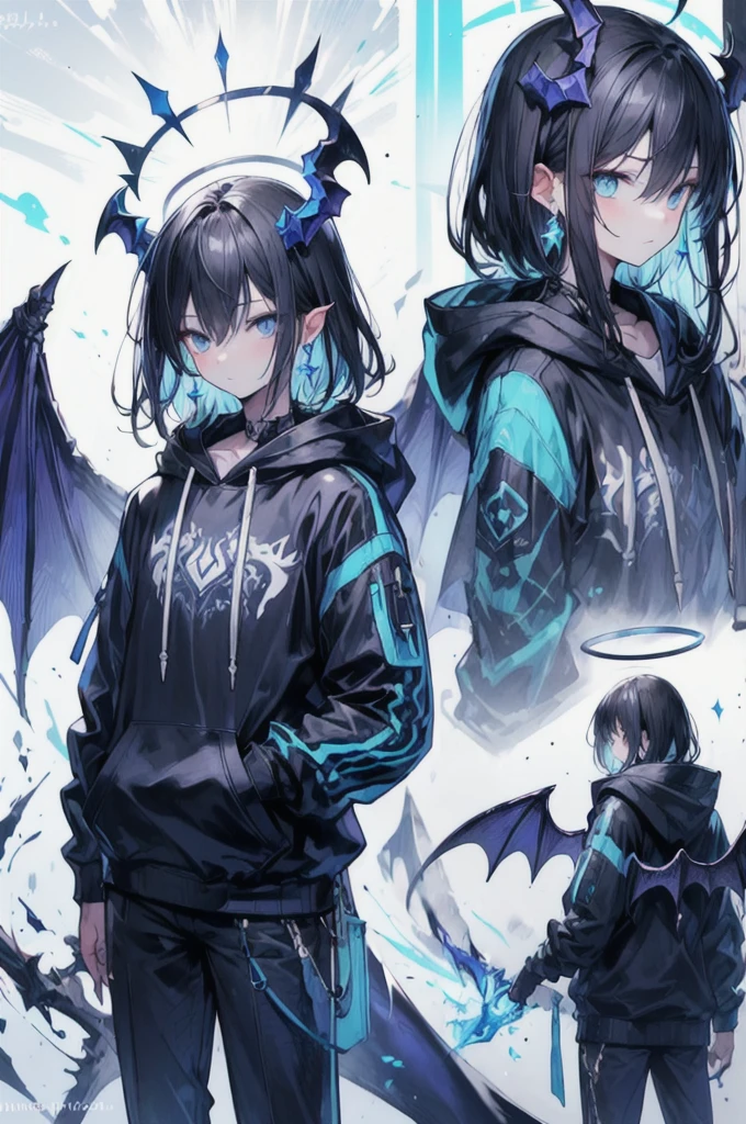 masterpiece, highest quality, highest resolution, clear_image, photo realistic, detailed details, (11 boy, scruffy black hair, bangs, Blue eyes, moon, dark night, long earrings, black hoodie, sky blue demon horns, blue great sword at the back, sky blue futuristic halo, futuristic dragon wings) beautiful, upper body, no water marks, laboratory, no extra limps, no extra body