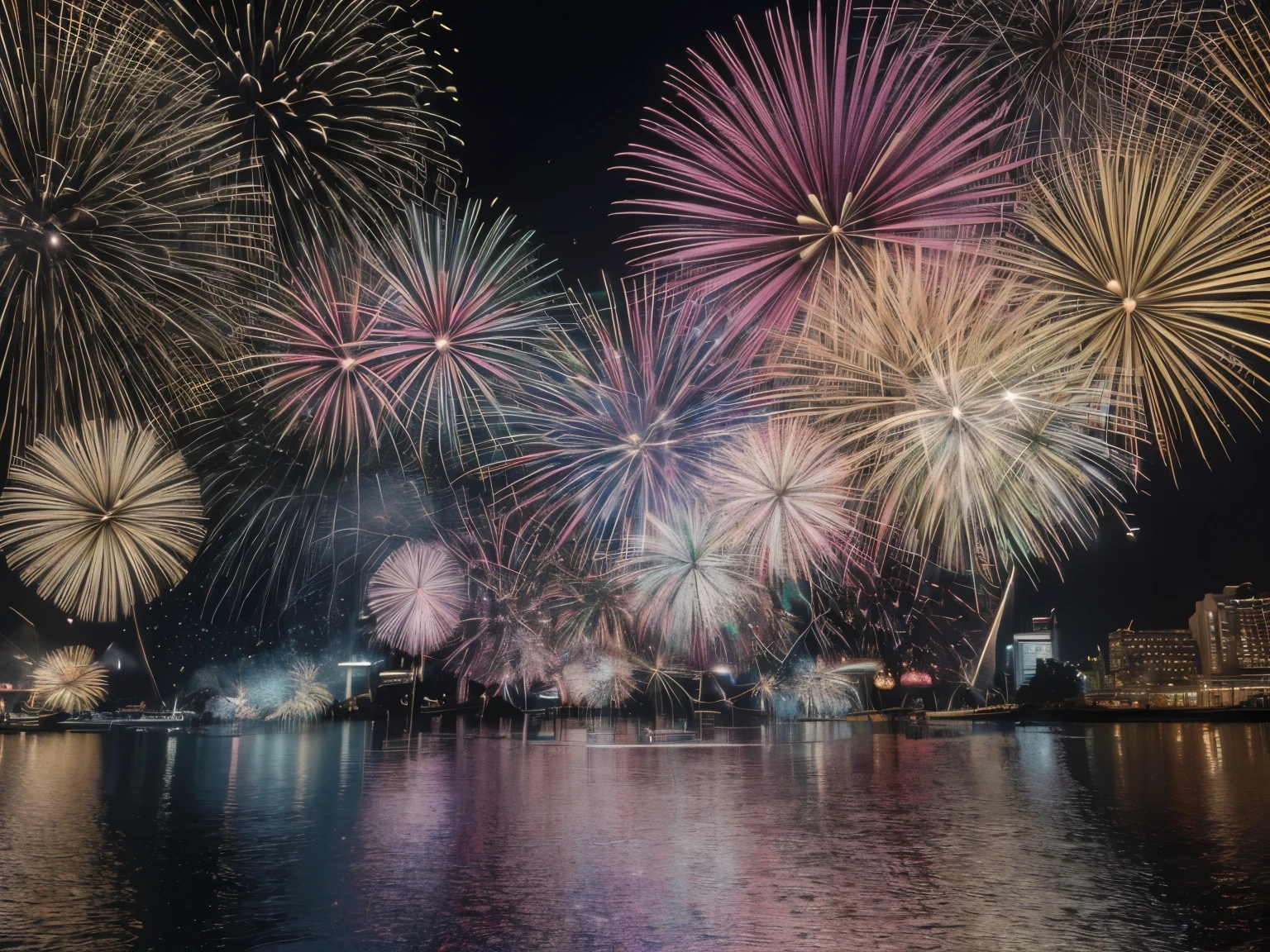 (masterpiece:1.3), (8K, Realistic, RAW Photos, Best image quality: 1.4), (Highest quality、masterpiece、Ultra-high resolution、(Realistic:1.8))、Fireworks display、On the Sea、coastal、Lots of fireworks、The moment the fireworks explode、Spectacular fireworks、Beautiful colors、Fireworks of different sizes、