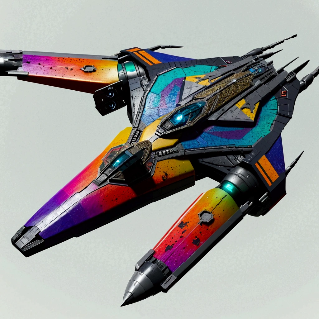 A full image of a long wide giant heavily armored luxurious futuristic flying all terrain space fleet carrier from elite dangerous, covered in rainbow batik pattern and glowing javanese runic symbols, multiple thrusters, multiple helipad, multiple propeller, mobile headquarters, mobile command center, automatic turrets, missile banks, missile defense system, multi-port rear engine arrays, large pivoted missile pods, anti-air batteries, reactive armour over vital spaces, VTOL thrusters, ventral ground-facing VTOL thruster bays, retractable center cannon, white background