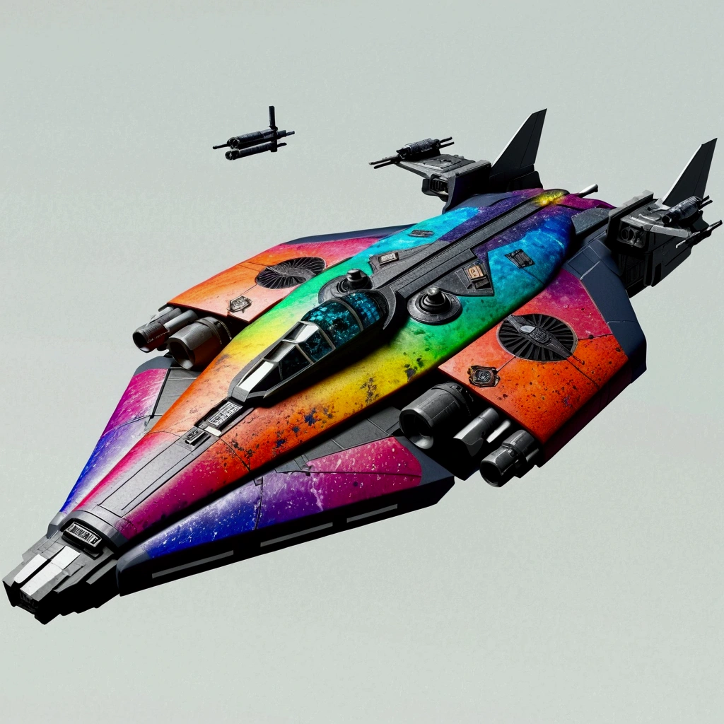 A full image of a long wide giant heavily armored luxurious futuristic flying all terrain space fleet carrier from elite dangerous, covered in rainbow batik pattern and glowing javanese runic symbols, multiple thrusters, multiple helipad, multiple propeller, mobile headquarters, mobile command center, automatic turrets, missile banks, missile defense system, multi-port rear engine arrays, large pivoted missile pods, anti-air batteries, reactive armour over vital spaces, VTOL thrusters, ventral ground-facing VTOL thruster bays, retractable center cannon, white background