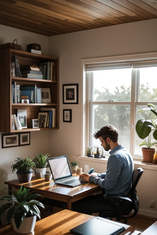 A person sitting at a desk, working on a laptop. The desk has a cup of coffee, some books, and a potted plant. The background is a cozy home office with warm lighting.