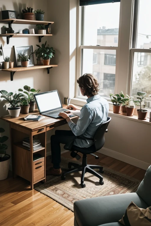 A person sitting at a desk, working on a laptop. The desk has a cup of coffee, some books, and a potted plant. The background is a cozy home office with warm lighting.