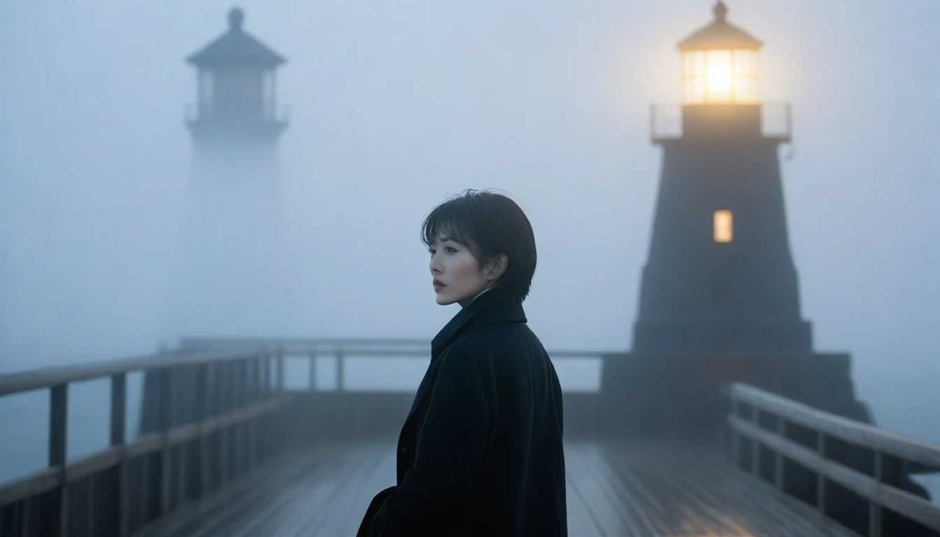 1 36-year-old Korean woman, Short hair, black coat, alone, rain, Fog, cold, boring, , pier, Only, lighthouse, Coast, The dim light shines in the Fog,and the figure stands in the Fog holding , (명암대rain, cinematic lighting, shadow, film grain, anatomically correct, accurate, Awards, 8K) realistic photo drizzling