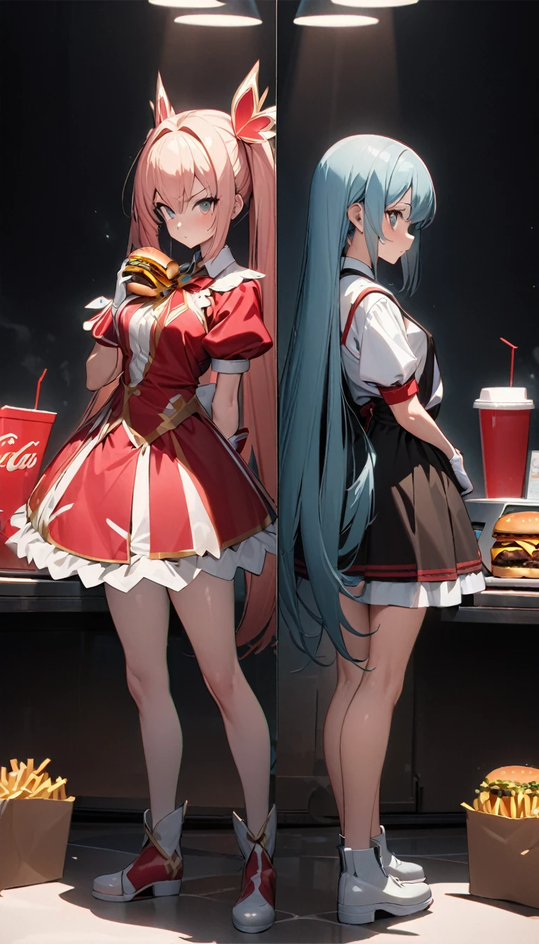 (on the left is Fast Food Worker, Cashier, Burger, Coke, French fries), (on the right is Mahou Shoujo), standing back-to-back),(Mahou Shoujo ),(Split Screen),(Magical Girl),fullbody, full body, center light, light spot, detailed, Masterpiece,Best quality,8K