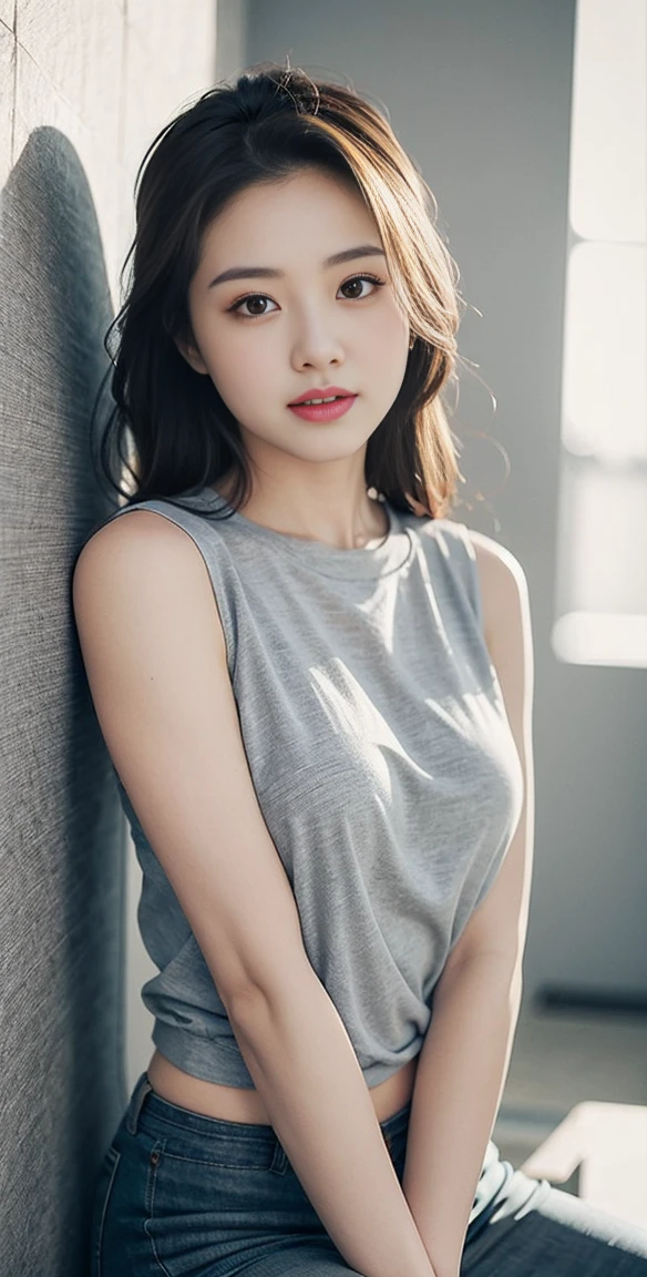 Highest quality、masterpiece、Ultra-high resolution、(Realism:1.4)、 1 person、In a pale background、Deep Shadow、Low Key、Shortcuts、Upper Body、sex appeal、Wearing a thick T-shirt、Cosmetic CM