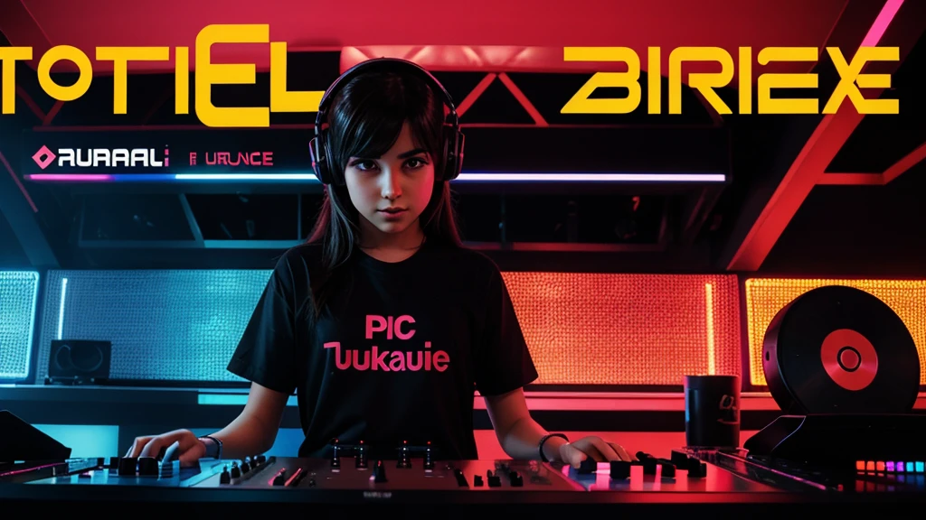 Beautiful young girl playing dj. background font "Türkçe Pop" on top Highlighted bold, "2024" smaller stylized text, "Türkçe Remix" bottom stylized text. vibrant color combination.
