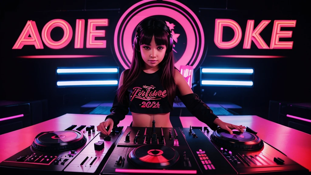 Beautiful young girl playing dj. background font "Türkçe Pop" on top Highlighted bold, "2024" smaller stylized text, "Türkçe Remix" bottom stylized text. vibrant color combination.
