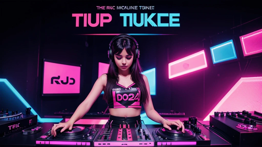 Beautiful young girl playing dj. background font "Türkçe Pop" on top Highlighted bold, "2024" smaller stylized text, "Türkçe Remix" bottom stylized text. vibrant color combination.