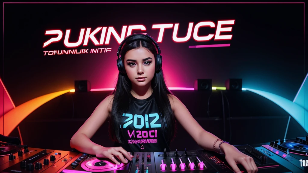 Beautiful young girl playing dj. background font "Türkçe Pop" on top Highlighted bold, "2024" smaller stylized text, "Türkçe Remix" bottom stylized text. vibrant color combination.
