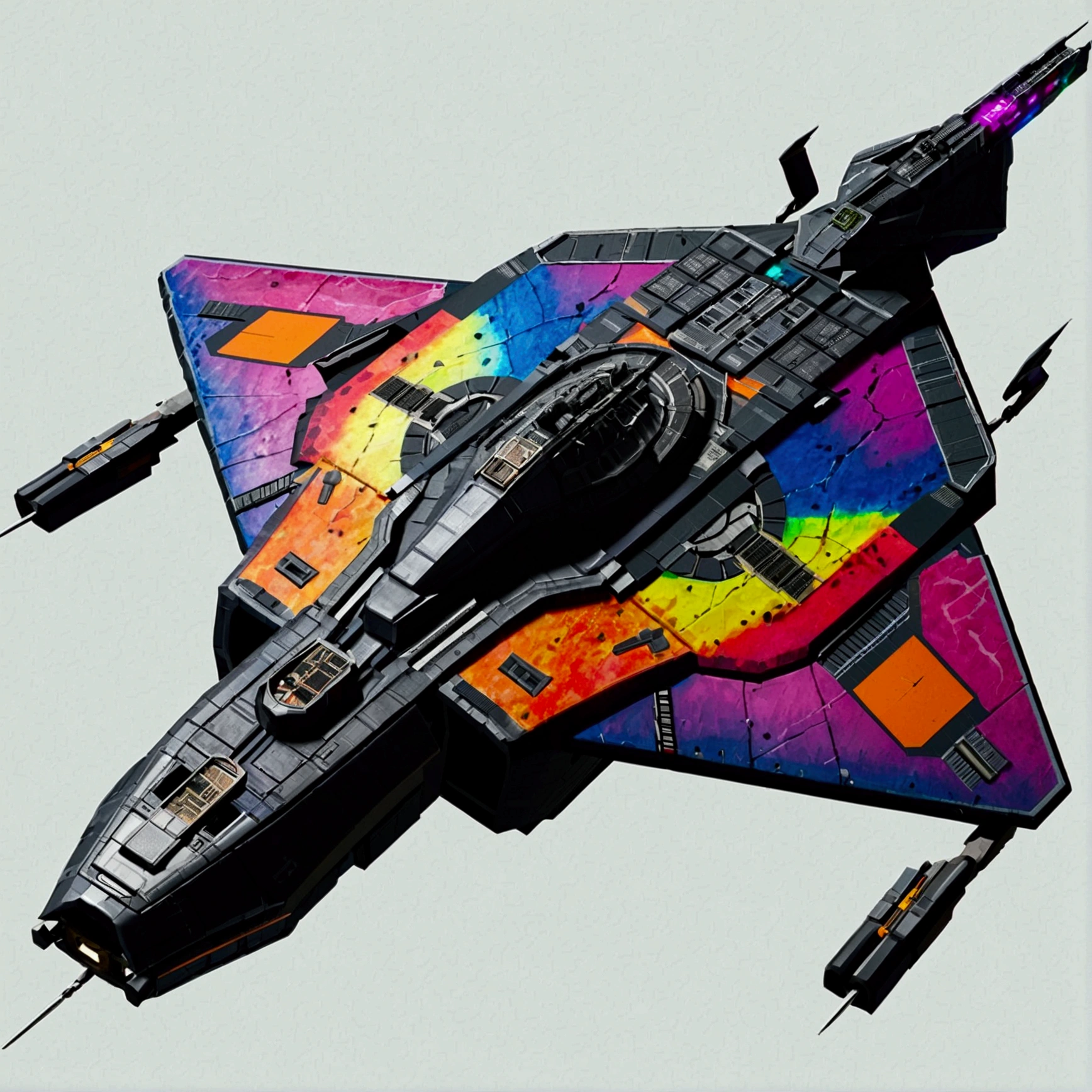 A full image of a long wide giant heavily armored luxurious futuristic flying all terrain space fleet carrier from elite dangerous, covered in rainbow batik pattern and glowing javanese runic symbols, multiple thrusters, multiple helipad, multiple propeller, mobile headquarters, mobile command center, automatic turrets, missile banks, missile defense system, multi-port rear engine arrays, large pivoted missile pods, anti-air batteries, reactive armour over vital spaces, VTOL thrusters, ventral ground-facing VTOL thruster bays, retractable center cannon, white background