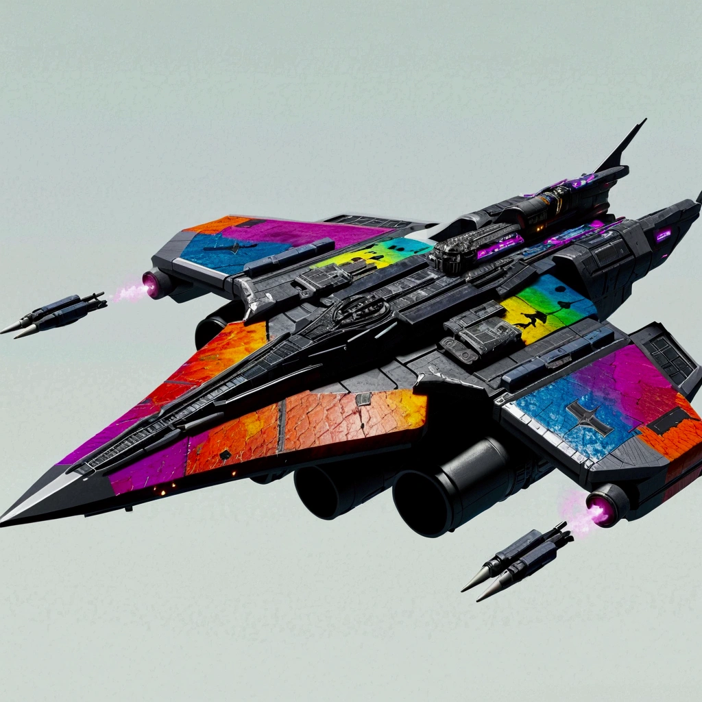 A full image of a long wide giant heavily armored luxurious futuristic flying all terrain space fleet carrier from elite dangerous, covered in rainbow batik pattern and glowing javanese runic symbols, multiple thrusters, multiple helipad, multiple propeller, mobile headquarters, mobile command center, automatic turrets, missile banks, missile defense system, multi-port rear engine arrays, large pivoted missile pods, anti-air batteries, reactive armour over vital spaces, VTOL thrusters, ventral ground-facing VTOL thruster bays, retractable center cannon, white background