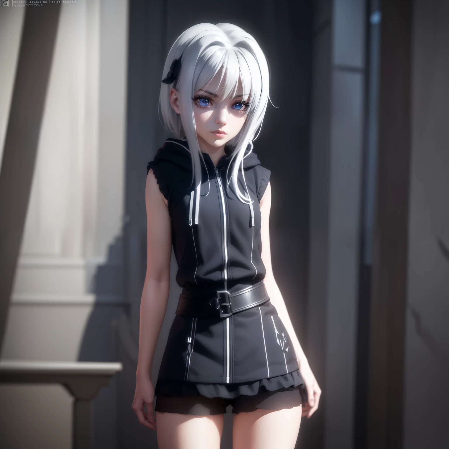 1 girl,character with cat ears, silver hair, short hair, beautiful detailed eyes, beautiful detailed lips, extremely detailed eyes and face, long eyelashes, wearing black hooded outfit, thigh-high stockings, garters, short shorts, (best quality,4k,8k,highres,masterpiece:1.2),ultra-detailed,(realistic,photorealistic,photo-realistic:1.37),concept art, fantasy, cinematic lighting, dramatic shadows You decided to wear a hoodie and covered your body, hiding yourself Rey 