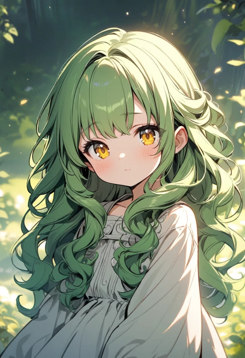 small girl, beautiful, curly hair, long hair, yellow eyes, green hair,