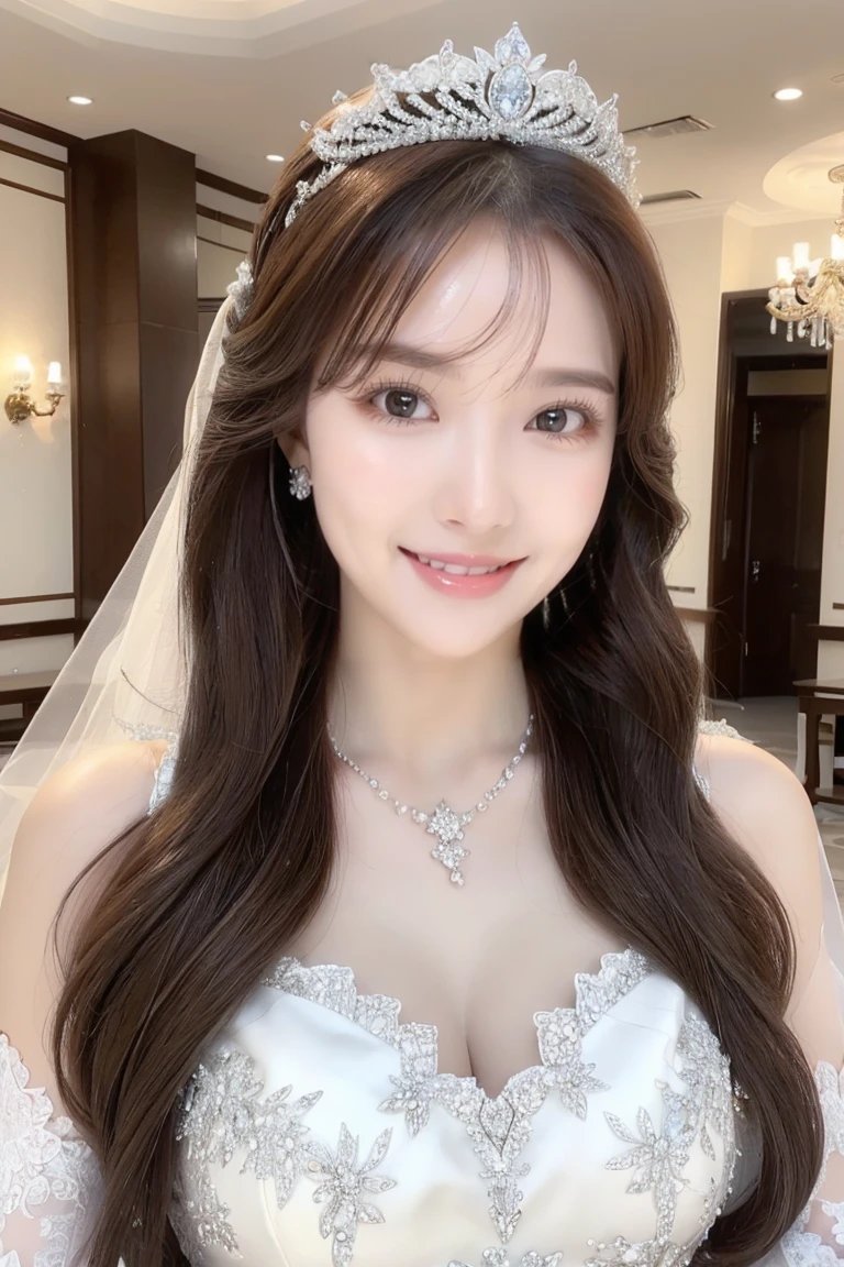 clear、beautiful、Beauty、(highest quality、Tabletop、8K、Best image quality、Award-winning works)、One beautiful bride、(alone:1.1)、(The most extravagant and gorgeous huge wedding dresses:1.1)、(Perfect Wedding Lace:1.2)、(The most extravagant and luxurious giant tiara:1.1)、(The most extravagant and luxurious giant necklace:1.1)、The most beautiful smile is looking at me、A wide selection of the finest jewellery、(Bridal upper body photo:1.1)、Perfect Makeup、Long eyelashes、Ultra HD Shining Eyes、Ultra HD Hair、Ultra High Resolution Glossy Lips、Ultra High Resolution Perfect Teeth、Super high resolution beautiful face、(Accurate anatomy:1.1)、(Very bright and beautiful skin:1.2)、(very bright and vivid:1.2)、(Luxury wedding venue background:1.1)