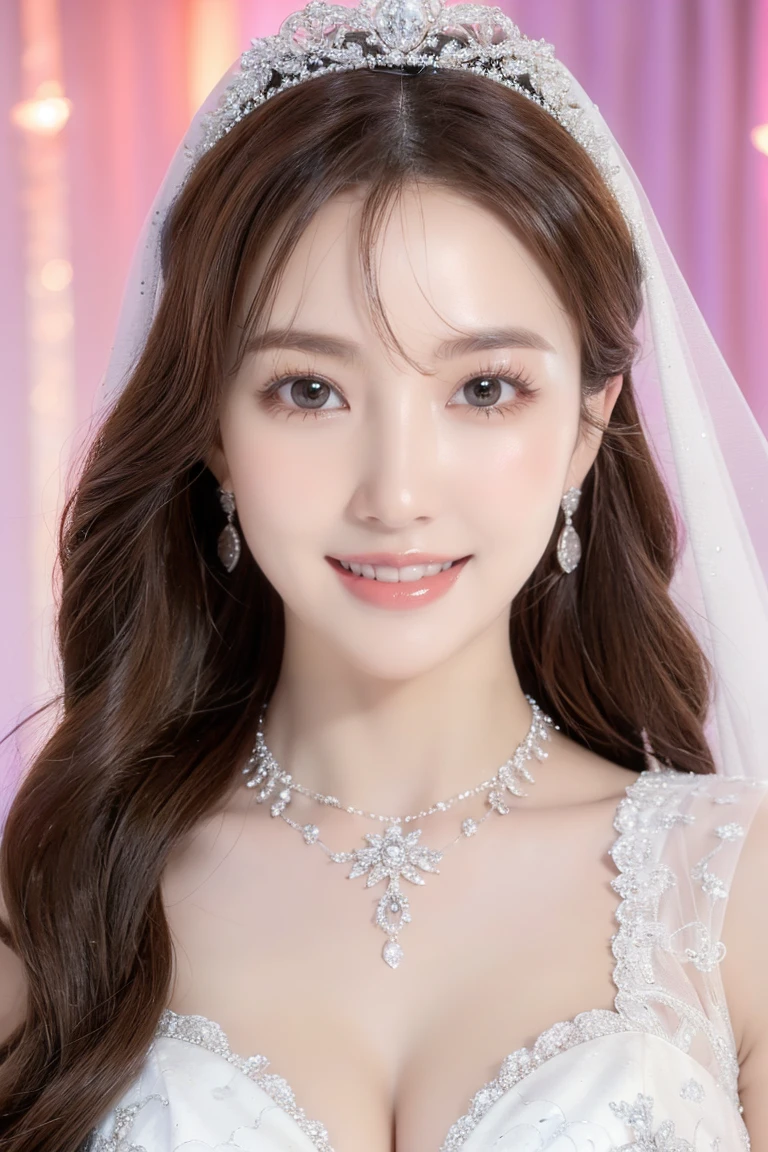 clear、beautiful、Beauty、(highest quality、Tabletop、8K、Best image quality、Award-winning works)、One beautiful bride、(alone:1.1)、(The most extravagant and gorgeous huge wedding dresses:1.1)、(Perfect Wedding Lace:1.2)、(The most extravagant and luxurious giant tiara:1.1)、(The most extravagant and luxurious giant necklace:1.1)、The most beautiful smile is looking at me、A wide selection of the finest jewellery、(Bridal upper body photo:1.1)、Perfect Makeup、Long eyelashes、Ultra HD Shining Eyes、Ultra HD Hair、Ultra High Resolution Glossy Lips、Ultra High Resolution Perfect Teeth、Super high resolution beautiful face、(Accurate anatomy:1.1)、(Very bright and beautiful skin:1.2)、(very bright and vivid:1.2)、(Luxury wedding venue background:1.1)