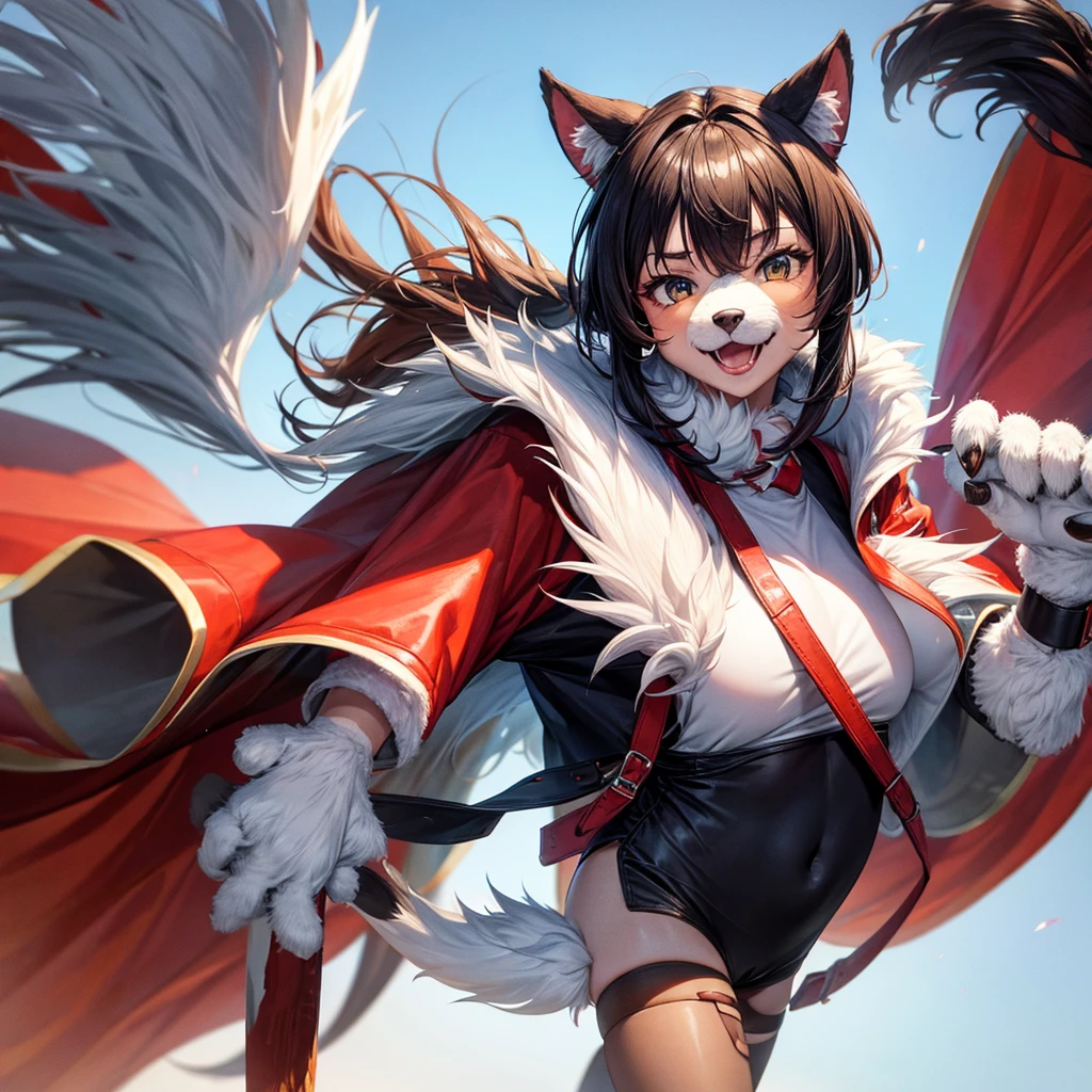 ahri, ahri_(league_of_legends), 1girl, absurdres, animal_ears, black_hair, detached_sleeves, distr, facial_mark, fox_ears, fox_tail, hand_up, highres, league_of_legends, long_hair, snowsuit, magic, multiple_tails, white_tails, orange_eyes, parted_lips, solo, standing, tail, full_body, arms behind back