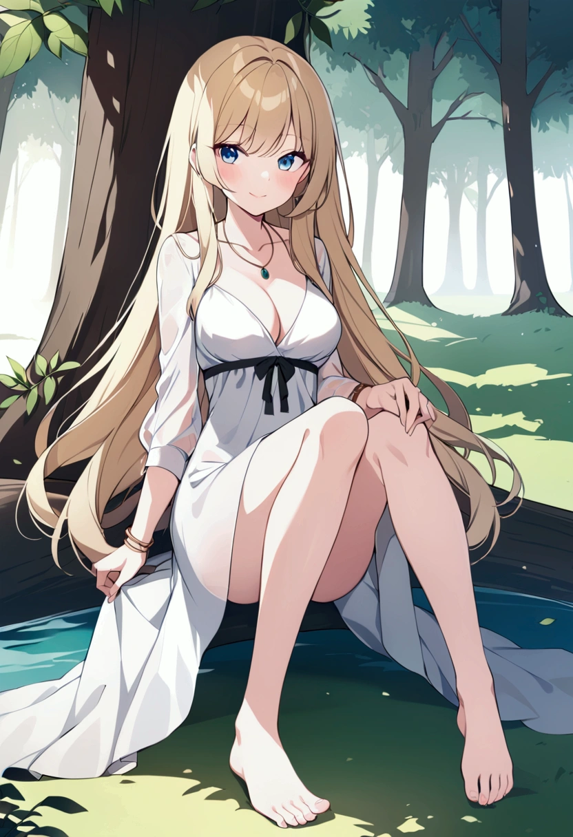 slender, mature female,1girl, blonde_hair, barefoot, rating:safe, long_hair, solo, dress, white_dress, tree, smile, nature, sitting, breasts, looking_at_viewer, plant, grass, jewelry, outdoors, forest, skirt_hold, long_sleeves, medium_breasts, very_long_hair, day, blue_eyes, feet, bangs, full_body, bare_legs, closed_mouth, lips, toes, collarbone, water, leaf, sunlight, blush, legs, see-through, necklace, dappled_sunlight, cleavage, bracelet, mole