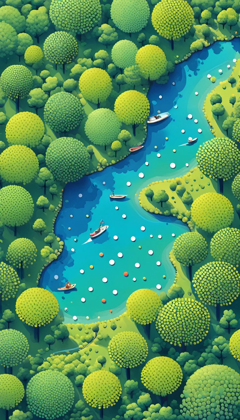The art of dot painting:Flat Wind,flat。Vector。Top view ,Aerial View,Aerial Photography,forest,lake,Trypophobia。