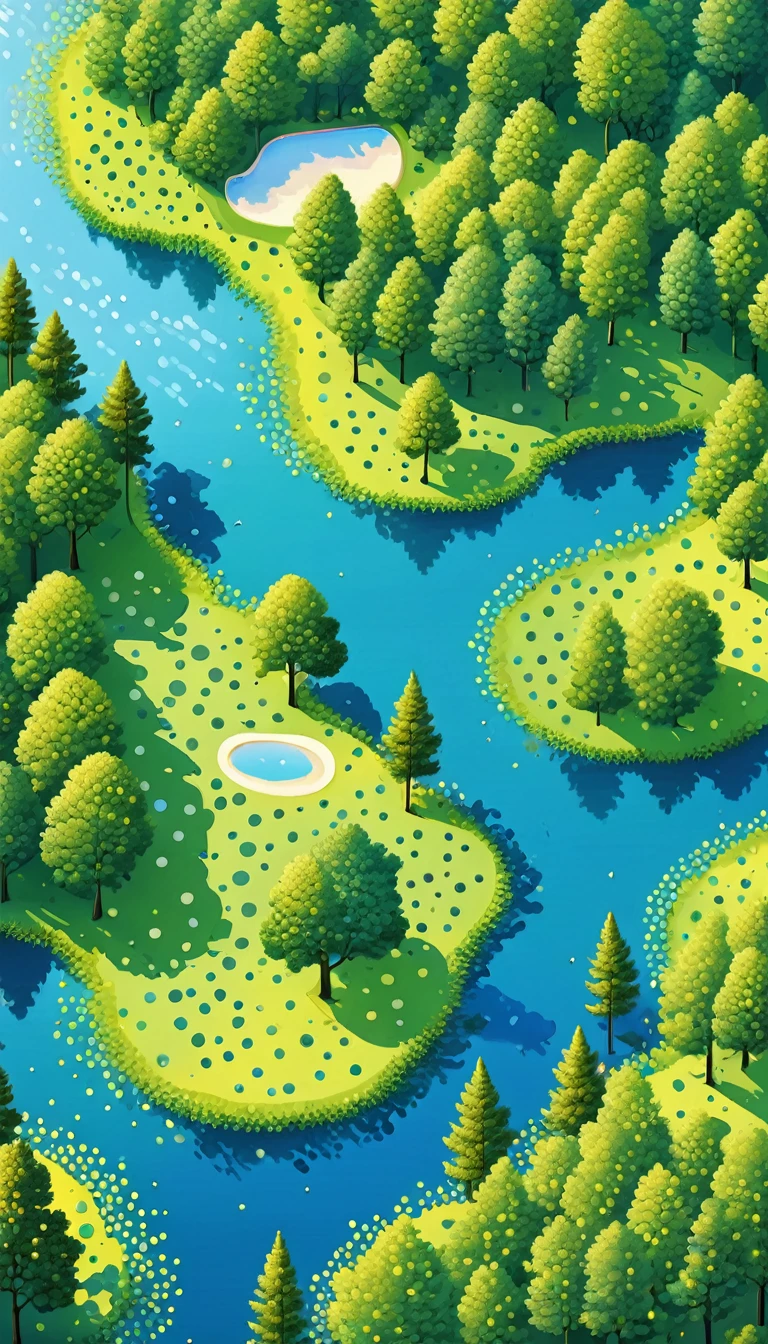 The art of dot painting：Flat Wind，flat。Vector。Top view ，Aerial View，Aerial Photography，forest，lake，Trypophobia。