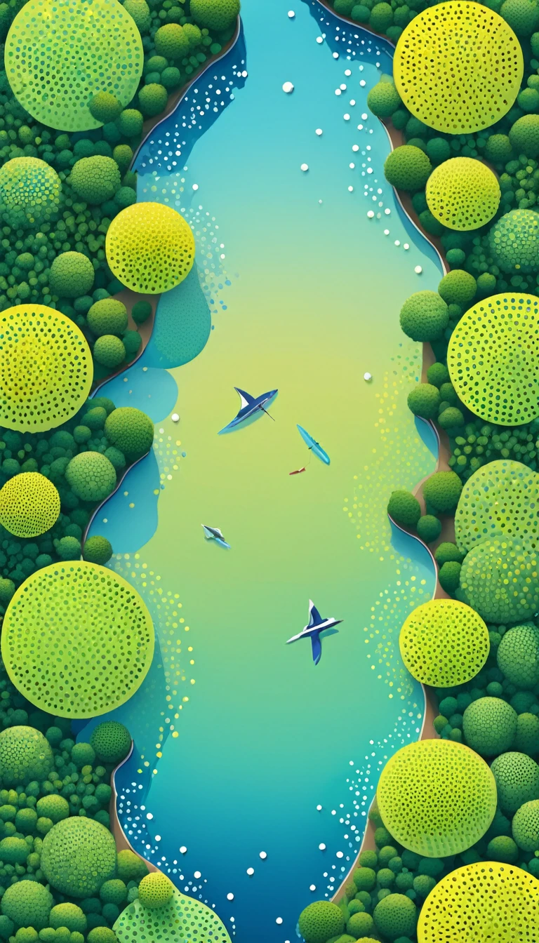 The art of dot painting:Flat Wind,flat。Vector。Top view ,Aerial View,Aerial Photography,forest,lake,Trypophobia。