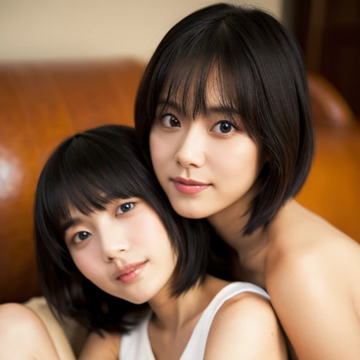 lens: 135mm f1.8,(Highest quality), (Beautiful 42-year-old Japanese identical twin sisters), (They have moist lips), (They have narrow eyes, double eyelid,Delicate clavicle,Flat Chest,Very short hair)、(They are completely naked),(They are sitting side by side on a sofa in the room.),They are being hugged by a middle-aged Japanese man behind them.,They are tied to a collar、They are watching the audience