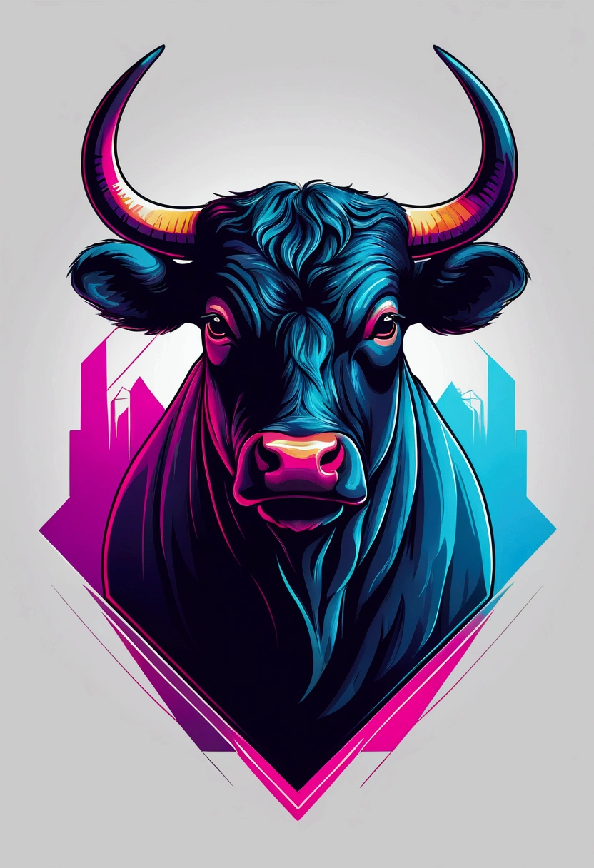 A bull, discreet colors, vector design, dark colors, symbolism, synthwave:: t-shirt vector, centered composition, graphic design, light background::2 mockup::-2 --upbeta --ar 1:1